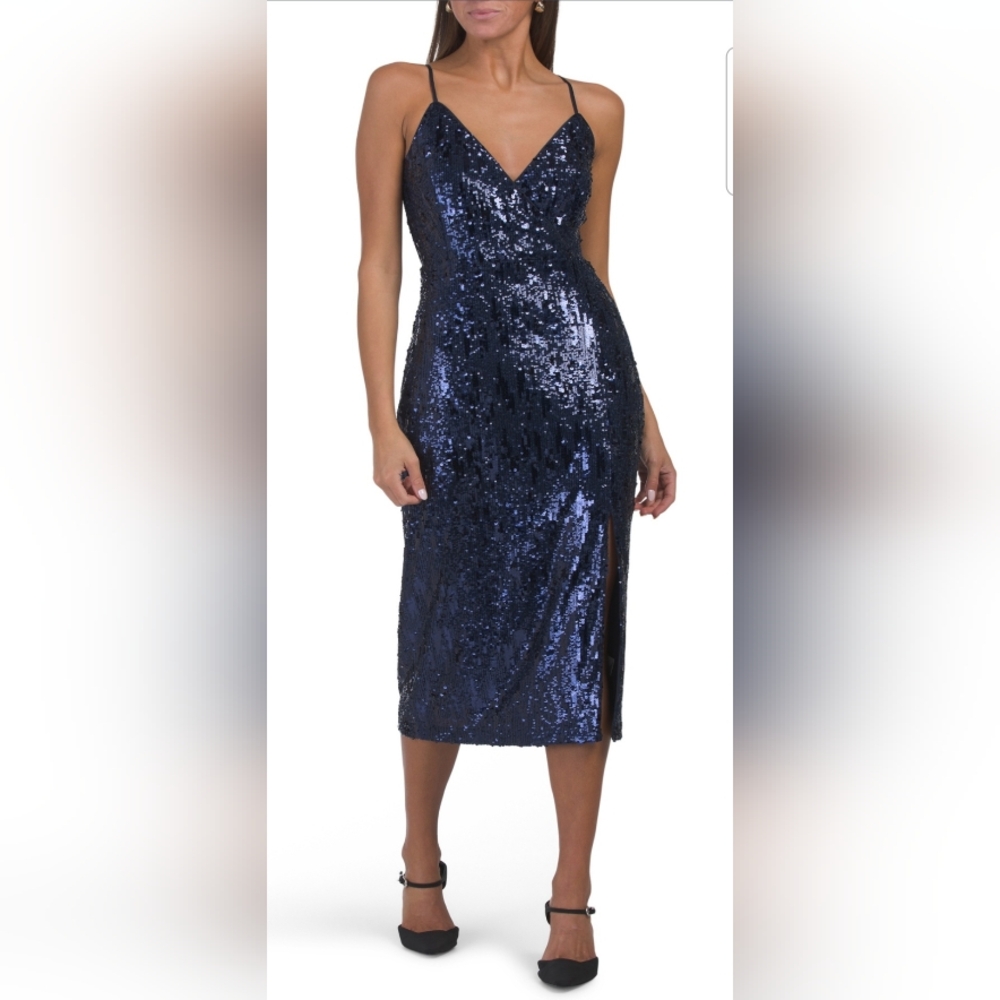 NWT $565 Ramy Brook Leanne Woman's Size 4 Sequin Navy Blue Midi Dress